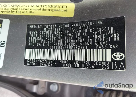 2017 Toyota Corolla Le из США, поврежденный, VIN 5YFBURHE8HP583291